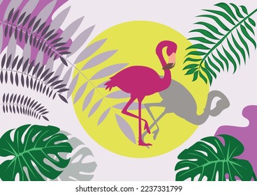 Background with the image of a flamingo, tropical plants. Vector image for decorating postcards, wrapping paper, advertising, postcards.