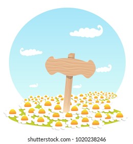 Background image of the game interface . Wooden sign, flowers and field. Cartoon. Vector.