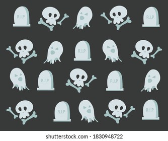 imagen de fondo para halloween con cráneo, fantasmas y piedra funeraria