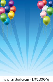 Background image with illustration of balloons for fun and happy image, blue background and concentration lines