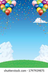 Background image with illustration of balloons in a fun and happy image, blue sky and white clouds and green hills
