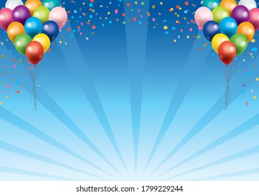 Imagen de fondo con ilustración de globos en una imagen divertida y feliz, cielo azul y confetti y líneas concentradas
