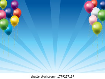 Background image with illustration of balloons for fun and happy image, blue background and concentration lines