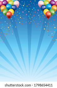 Background image with illustration of confetti and balloons, fun and happy image, background with concentrated lines