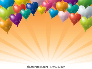 Background image with illustration of heart balloons in a fun and happy image, orange background and concentrated lines