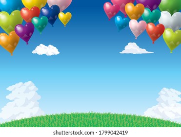 Background image with illustration of heart balloons in a fun and happy image, blue sky and white clouds and green hills