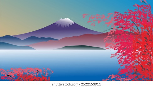 Imagem de fundo ilustração do monte fuji e lago com flores de cerejeira