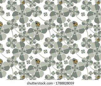 Background image of ladybug and four-leaf clover. Vector illustration of colorful clover. Seamless pattern