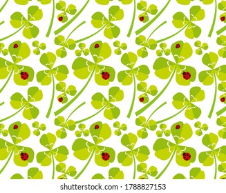 Background image of a ladybug and a three-leaf clover. Vector illustration of colorful clover. Seamless pattern