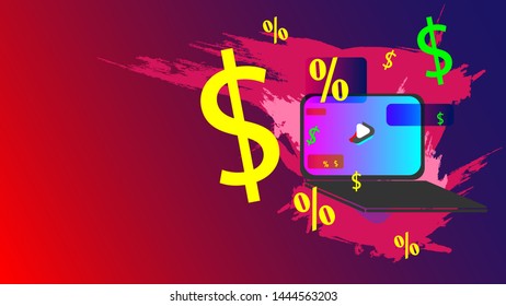Background image of a laptop with a symbol of currency and interest. An abstract image of things. Multicolored colors are used.