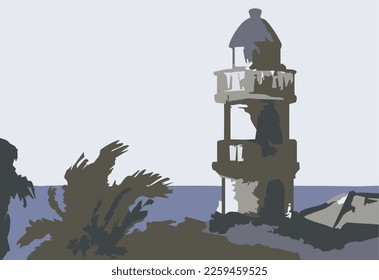 Background image with a Lighthouse Calella 1859, Catalonia, Spain. Hand made sunset sketch, vector image