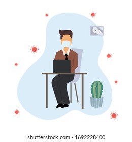 Background image: a man sitting alone at a desk And wear a mask to prevent the spread of COVID-19. The concept of protecting you and those around you. Vector illustration