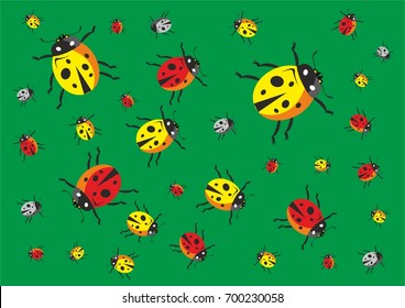 Background image with many different sized ladybugs on green background.