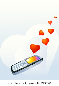 Background with the image of the mobile phone and hearts