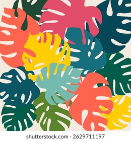background image monstera leaves. Abstract image foliage, leaf pattern, color blots, spots on the picture. Hand drawn image for the picture, background. wallpapers. covers