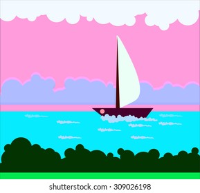 Background image with nature and a ship on the water in shades of pink, green bushes, round clouds above.