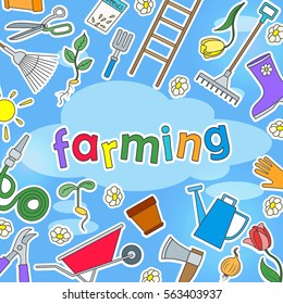 The background image on the theme of farm and spring colored simple icons stickers on a blue background and the inscription