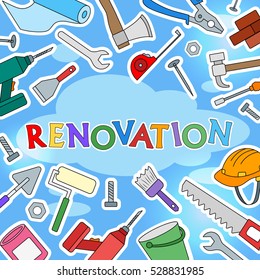 The background image on the topic of construction and repair , simple colored icons in the form of stickers on a blue background