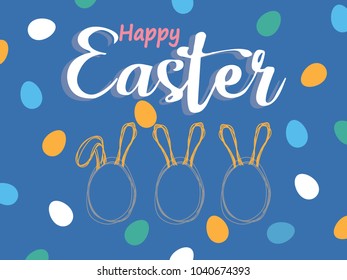 Background image of orange carrot with green leaves, Easter eggs with rabbit ears.
