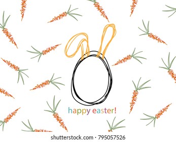 Background image of orange carrot with green leaves, Easter eggs with rabbit ears.