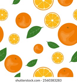 Background image with oranges, orange slices and leaves isolated on white background. Vector, designer illustration. Vector.