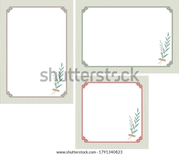 A background image with an\
ornamental rim on a vertical-lined background and a tape-mounted\
leaf.Vector source for moving and editing individual\
images.