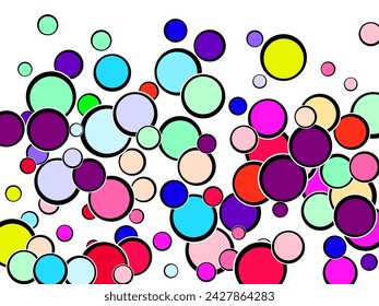 A background image of pastel multi-colored circle dots scattered both large and small.  Volumetric background, vector.