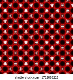 Background image with red black sun tile. Seamless pattern, scalable, multiply. Flat geometric suns, strange and weird..