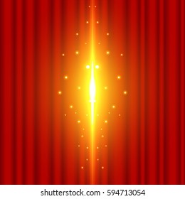 The background image of the red curtain is open with the beam coming out. grand opening vector