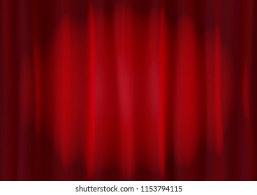 Background image of red velvet stage curtain with spot lighting. Abstract red vertical lines and strips.