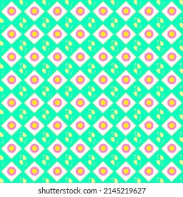 The background image shows a pattern of colorful cute flowers, yellow and pink petals, bluish-green background.