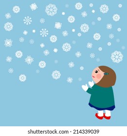 A background image with snow flakes and a girl, vector image