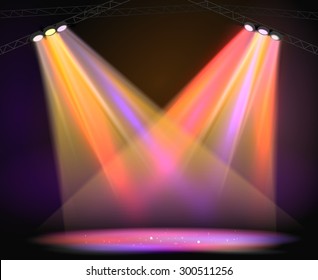 Background image of spotlights with stage in color, vector