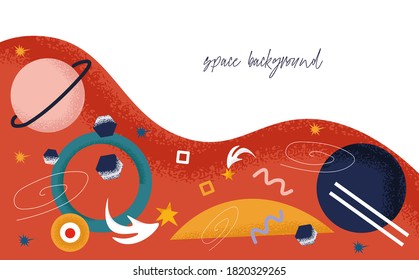 Background with the image of the starry red sky. Vector space poster with stars, meteorites and geometric shapes. Abstract background with place for text for banners, posters, templates.