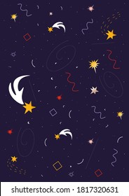 Background with the image of the starry sky. Vector space poster with stars, meteorites and geometric shapes. Space texture background. Starry sky and abstraction. Poster on the theme of cosmonautics