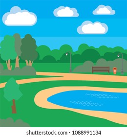 Background image of the summer sunny landscape of the park with paths for walks, with a pond, a bench, a lantern. A colorful illustration for presentations.