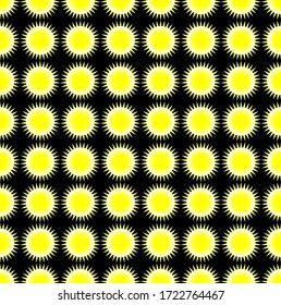 Background image with sun tile. Seamless pattern, scalable, multiply. Flat geometric suns. Yellow and white on black background.