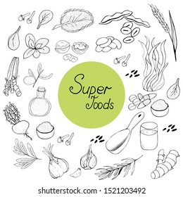 Background with the image of super food in a graphic style.
