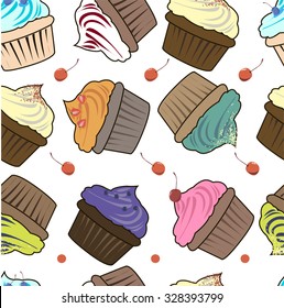 Background image of sweet products cupcake decorated with cherries, strawberries and other decorative elements.It can be used to design kofehaus, linen, cloth, booklet and more. Vector.