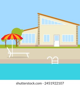 Background image of a swimming pool with a house in the background. Swimming pool near the house. Vector, cartoon illustration. Vector.