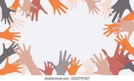 Background image of team work with illustration of many colorful hand discribe togertherness, group, meeting, team building in isolated copy space