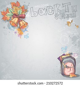 Background image for text with bells, autumn leaves and school backpack