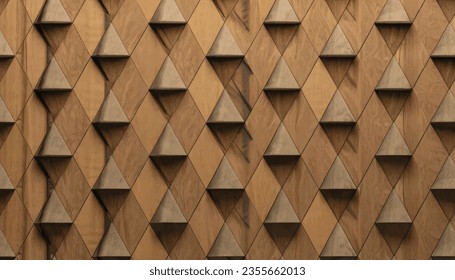 Background image of three-dimensional triangles of the same size, located at different heights, with a shadow and with the texture of natural and painted wood. Wood panel,vector Illustration
