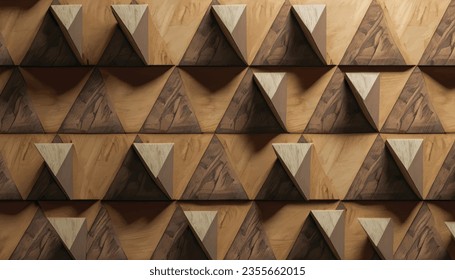 Background image of three-dimensional triangles of the same size, located at different heights, with a shadow and with the texture of natural and painted wood. Wood panel,vector Illustration
