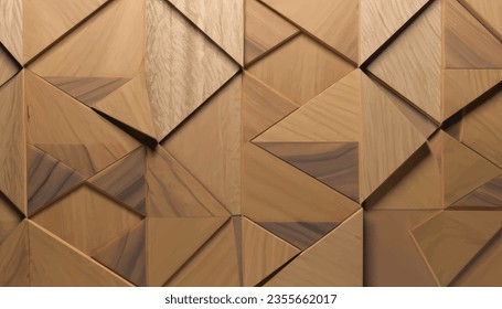 Background image of three-dimensional triangles of the same size, located at different heights, with a shadow and with the texture of natural and painted wood. Wood panel,vector Illustration
