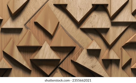 Background image of three-dimensional triangles of the same size, located at different heights, with a shadow and with the texture of natural and painted wood. Wood panel,vector Illustration
