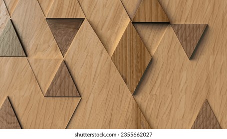 Background image of three-dimensional triangles of the same size, located at different heights, with a shadow and with the texture of natural and painted wood. Wood panel,vector Illustration
