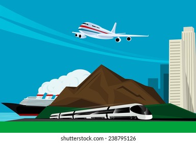 background image with train, plane and cruise ship. Vectpr eps 10