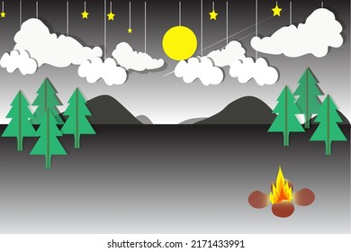 Background image with trees, moon and bonfires.