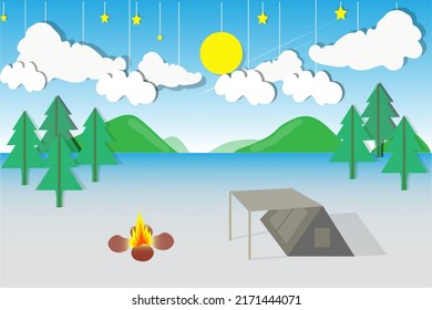 Background image with trees, moon and bonfires.